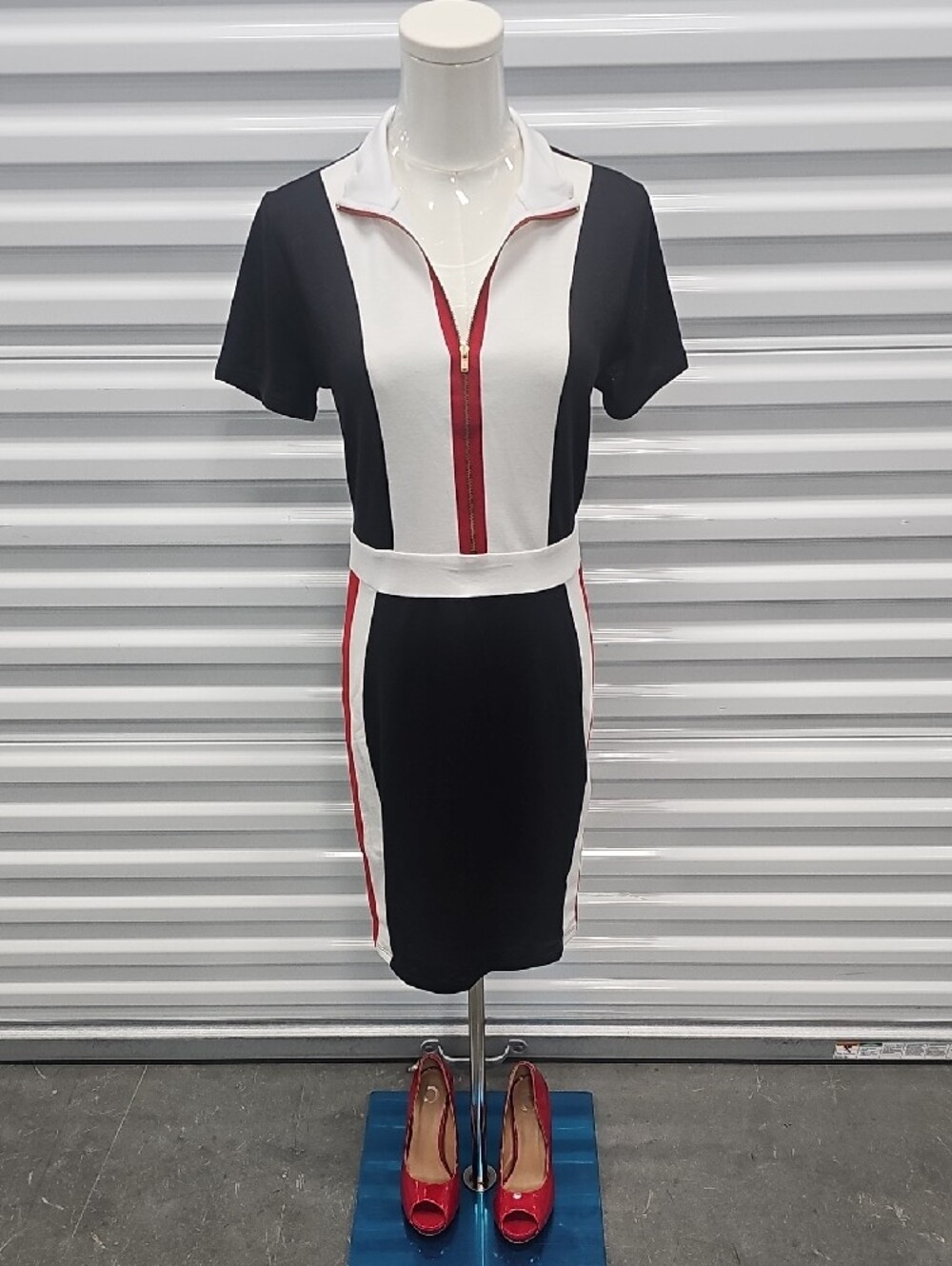 BUNDLE: VENUS Black, White & Red Zip-Front Pencil Skirt Dress With Red Pumps